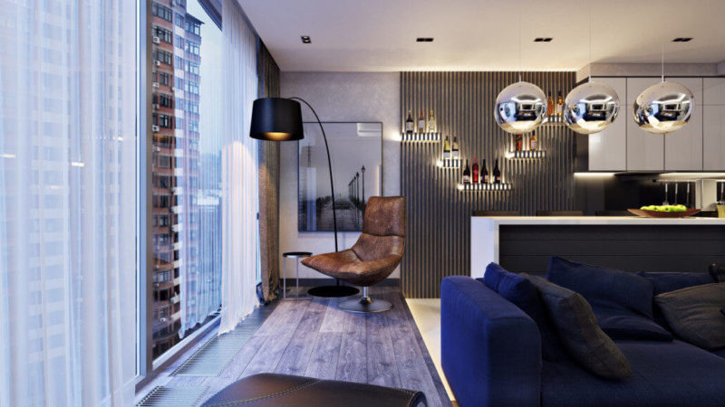 Стильный интерьер гостиной комнаты: панорамное окно и зона отдыха