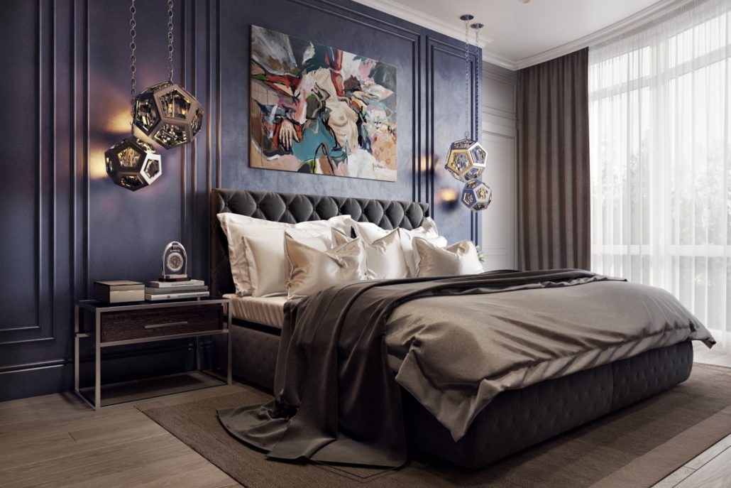 Уютная спальня в интерьере квартиры-студии: королевский синий акцент