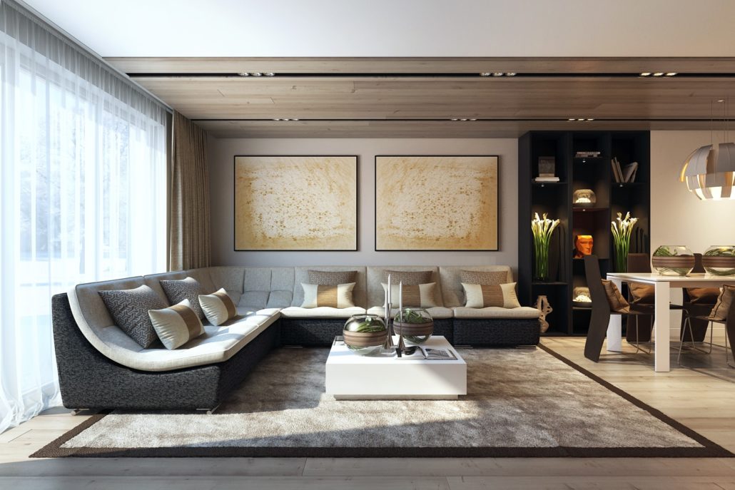 Уютная гостиная-студия с камином в стильном дизайне дома Вид01