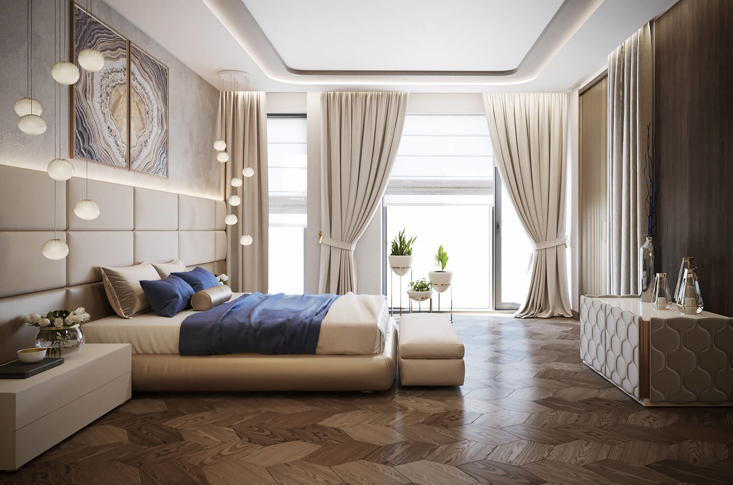 Интерьер спальни в стиле luxury с деревянным напольным покрытием