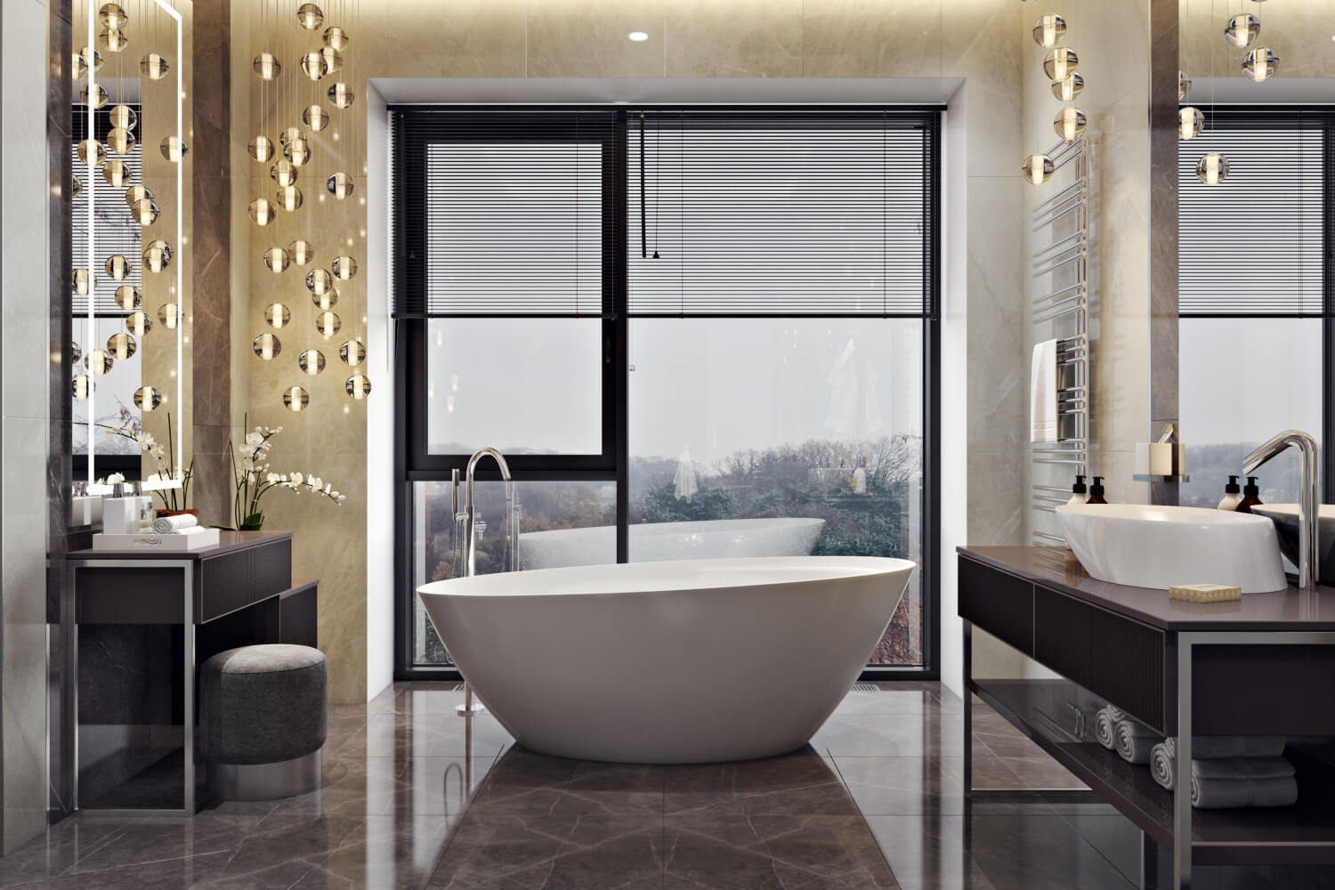 Отдельностоящая ванна в ванной комнате с видом
